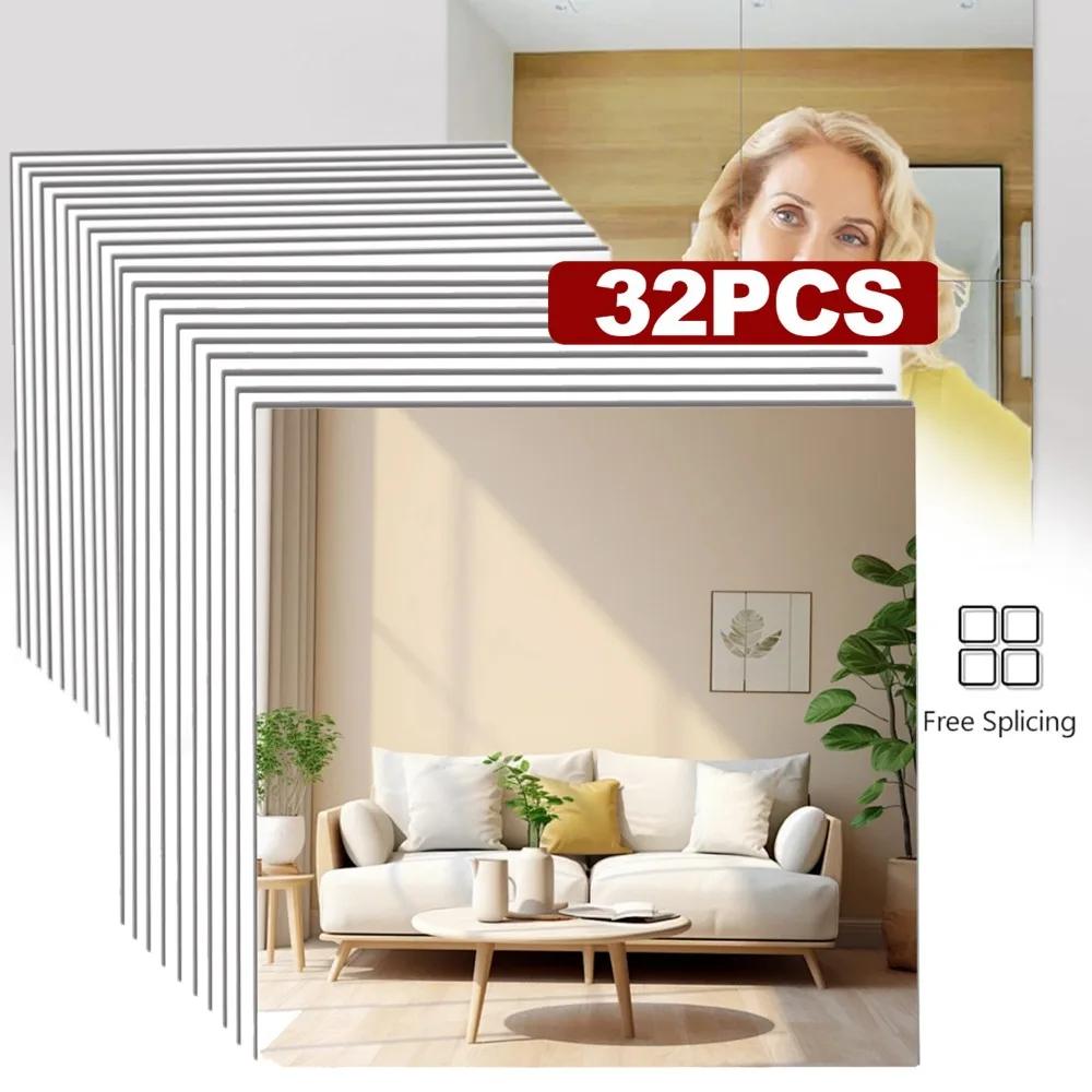 Confezione da 32 specchi autoadesivi, piastrelle a specchio da applicare a parete, fogli di specchi rimovibili per bagno, camera da letto, porta, decorazione domestica