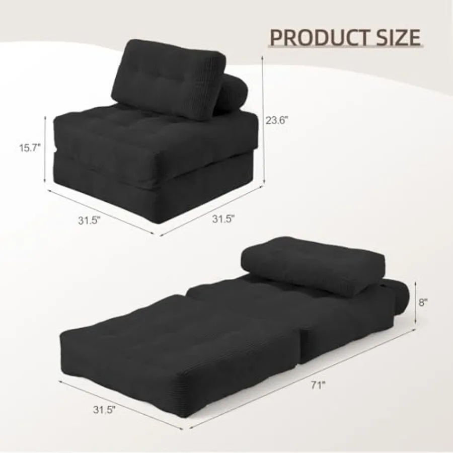Folding Sofa Bed - Adjustable Convertible Chair with Tufted Design for Living Room or Guest Room, Black, Space-Saving Comfortab