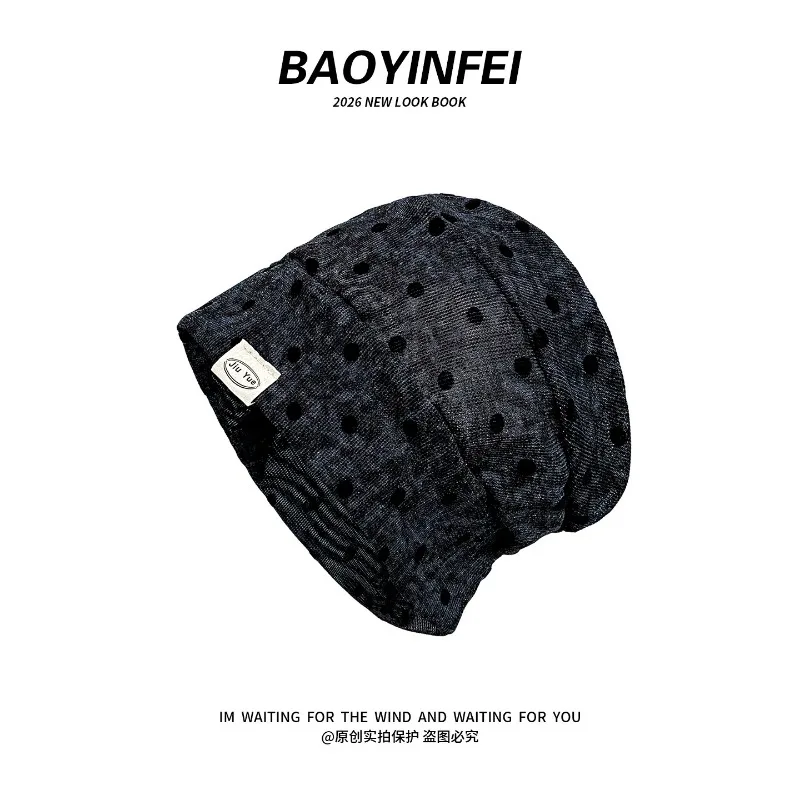 

Korean Tie-dye Polka Dot Pleated Pullover Pile Hat Women's Spring Summer Thin Breathable Fashion Dome Skull Beanie Caps