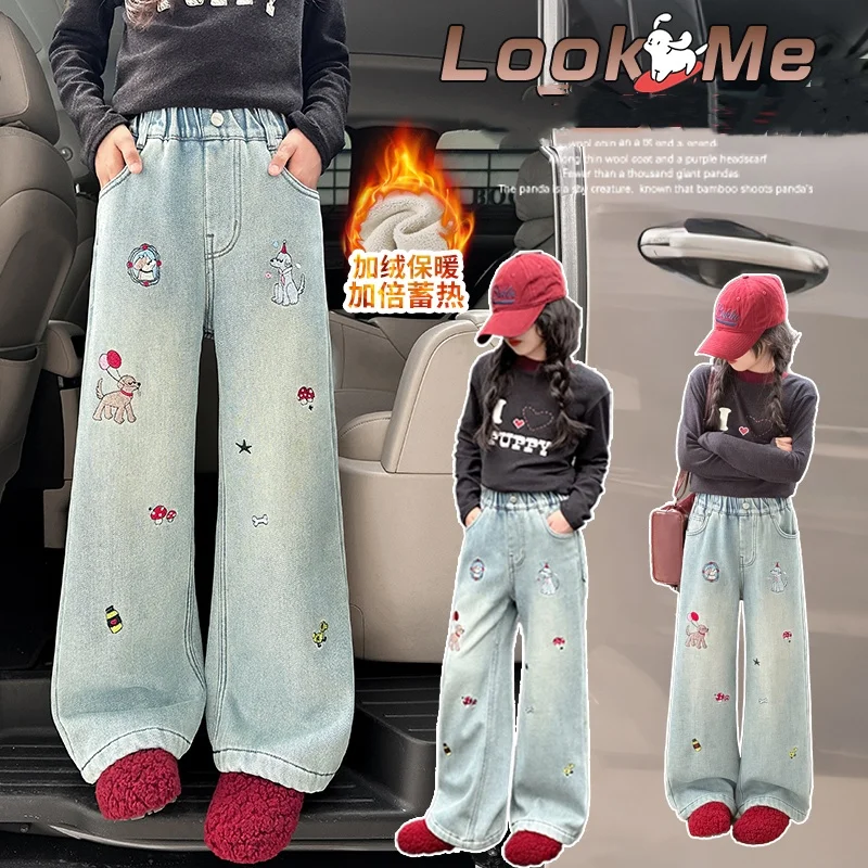 

Christmas Girls' Jeans Cartoon Embroidered Children Denim Pants Kids Loose Straight-leg Trousers Teenager Insulated Clothing