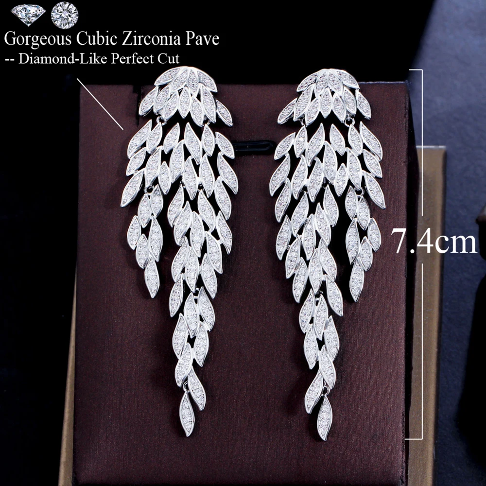 BeaQueen Super Luxury Long Drop Dangle Earrings for Women Sparkling CZ Tassel Feather Silver Color Bridal Wedding Jewelry E538