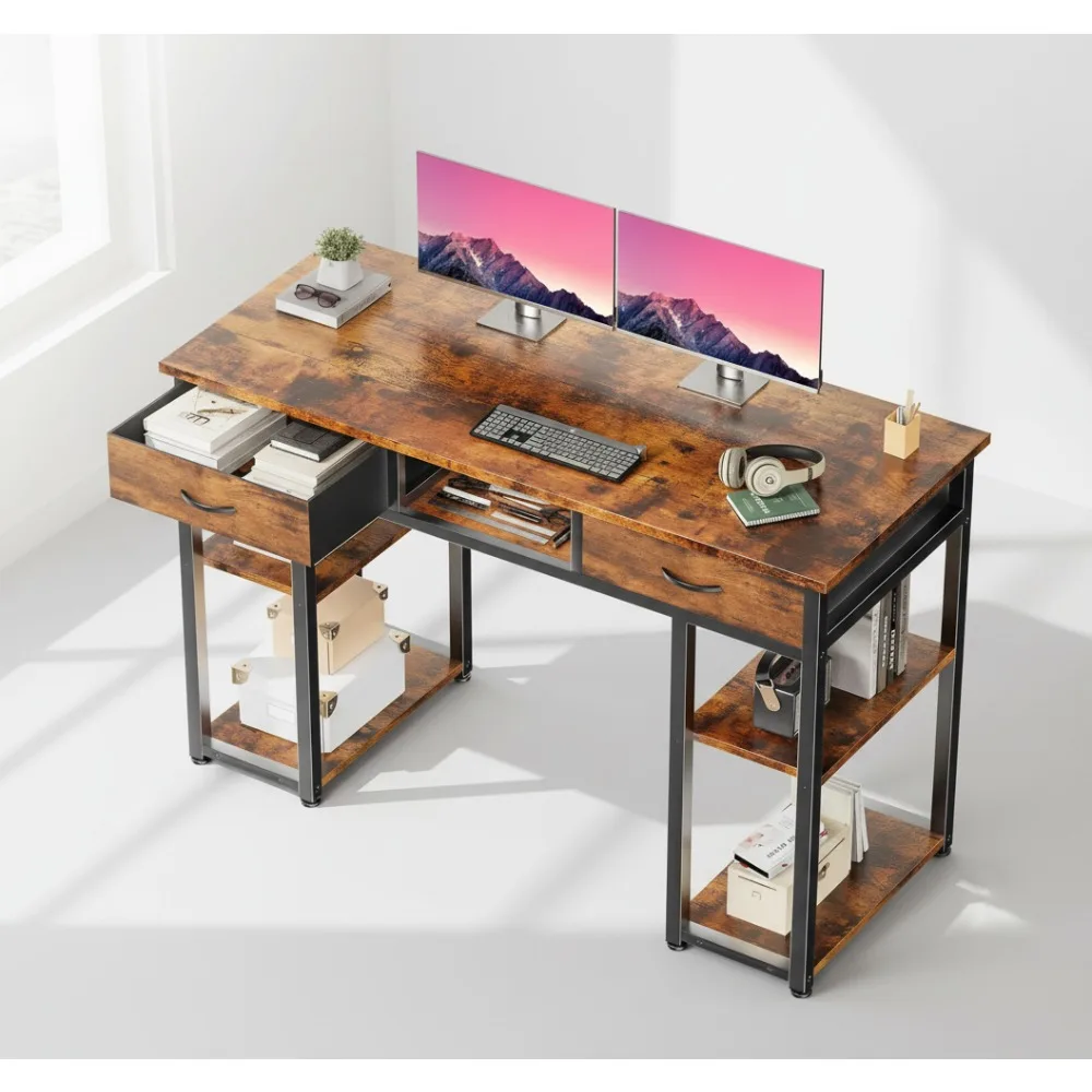 

48" Small Computer Desk with Drawers & Storage Shelf, Adjustable Feet, Rustic Brown Home Office Gaming Study Table