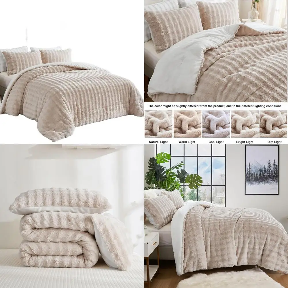 

Роскошный комплект из 3 предметов из бежевого искусственного кроличьего меха — плюшевое, теплое и двустороннее постельное белье для женщин и подростков