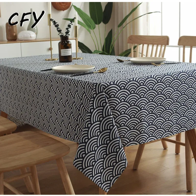 Cotton Linen Japanese Hefeng Retro Wave Pattern  Printing Rectangular and Round Tablecloth Pendant Tea Table Pad Meal Cloth