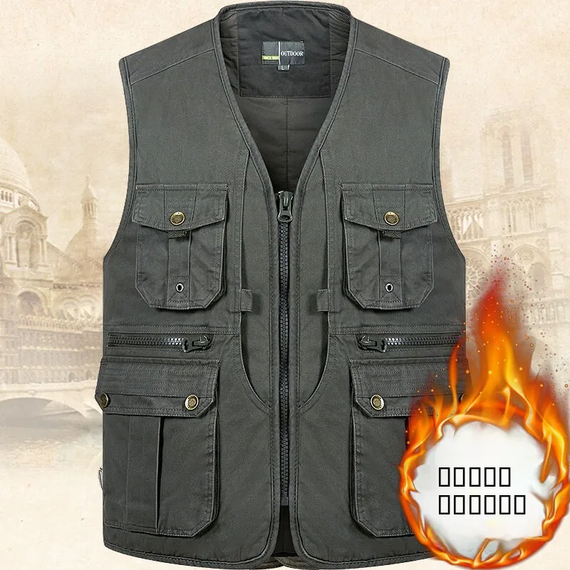 

Thiened Cotton Thermal Vest Men's Outdoor Workwear Multi-ket Winter Warm Jaet V-Ne Zipper Closure Color