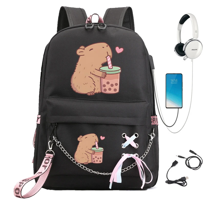 Cartoon Capybara School Backpack for Student Kawaii Schoolbag Girl Children Backpack Anime Cartoon Teenager Bagpack Usb Bookbag