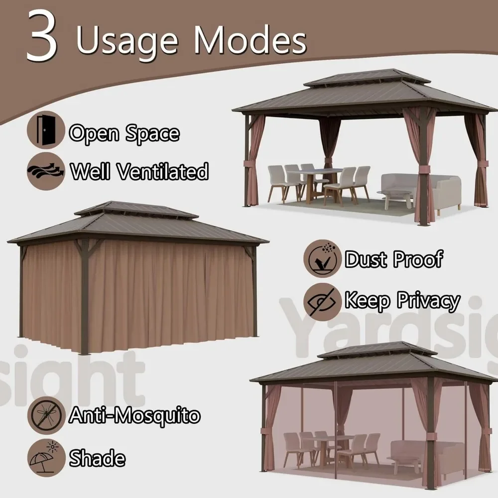 Gazebo de topo rígido de 10 x 10, pavilhão de telhado duplo de aço galvanizado com estrutura de alumínio ao ar livre com rede, gazebo de dossel externo