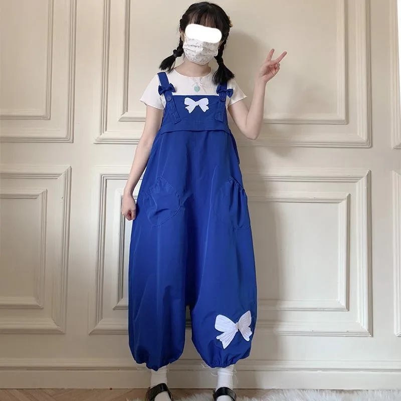 Celana panjang kargo Harajuku wanita, celana panjang kasual merah muda lebar mode Harajuku celana Harem Kawaii pita perempuan overall Streetwear Vintage lucu