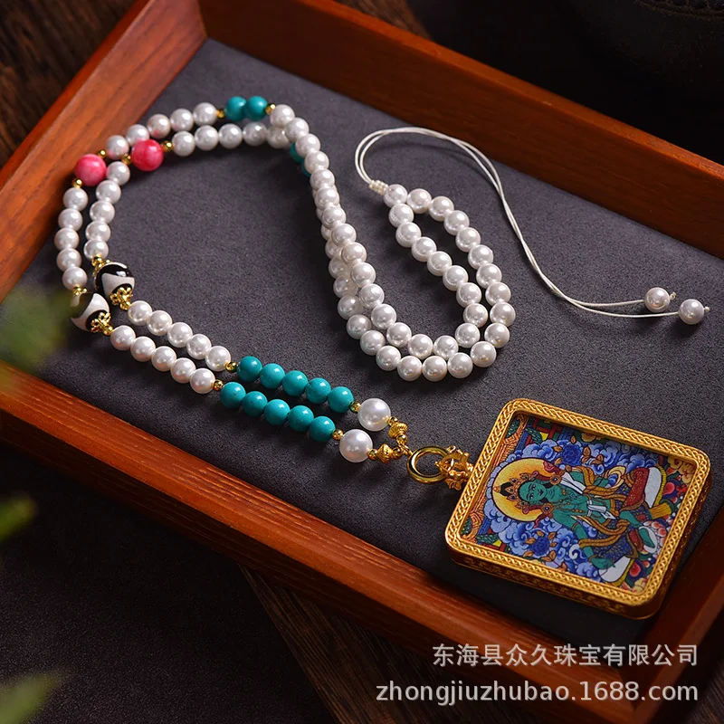 بوذا العلامة التجارية Wuye Tangka قلادة حبل الفراولة الفيروز سترة سلسلة كريستال الرقبة معلقة اللؤلؤ قلادة محظوظ مجوهرات #4