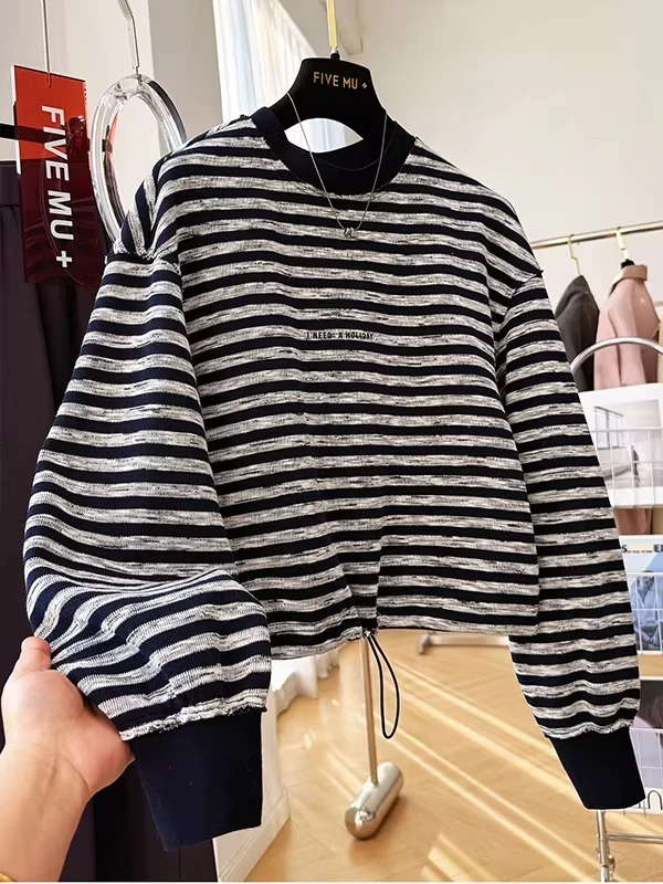 

plus Size 300 Pounds Korean Style Striped Short Hoodie Women's Spring Loose Casual Anti-aging Top Polyester Fiber Long Sleeve...