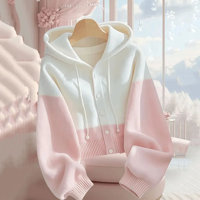 

Spring Autumn Patchwork Knitted Cardigan Sweater Jacket Women New Korean Ladies Single Breasted Hooded Sweater Coats Female Tops