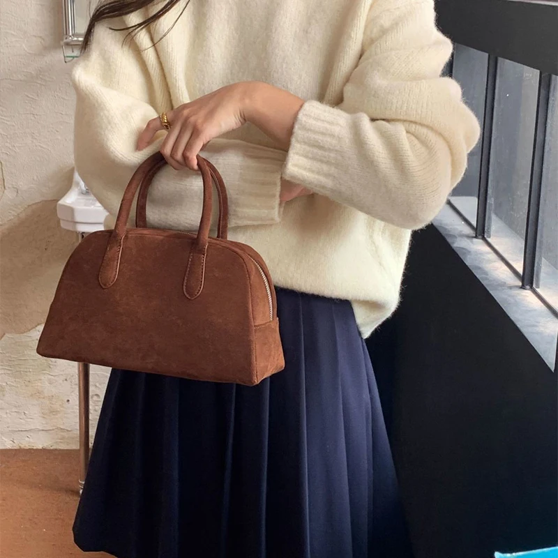 Korean Suede Women's Bowling Bag 2024 Autumn Winter Ladies Handbags Versatile Commuter Tote Niche Designer Female Boston Bag New