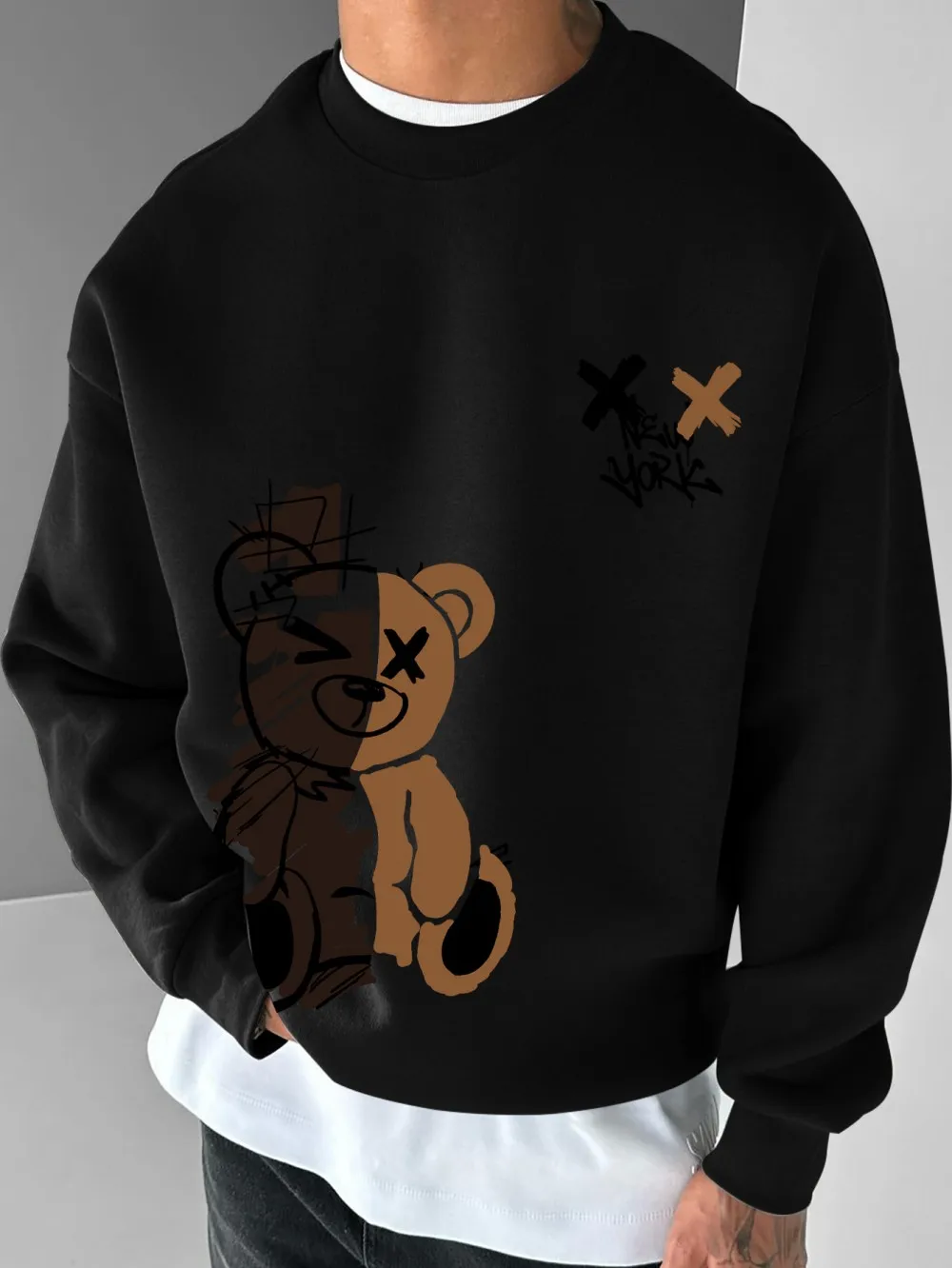 American men's autumn spliced teddy bear letter print soft and comfortable round neck long sleeved T-shirt outdoor casual top view 5