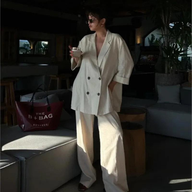 Women Urban Fashion Double Buttons Blazer Coat Spring Autumn Shiny Beige Lapel Wrinkle Vision Jacket + High Waist Wide Leg Pant