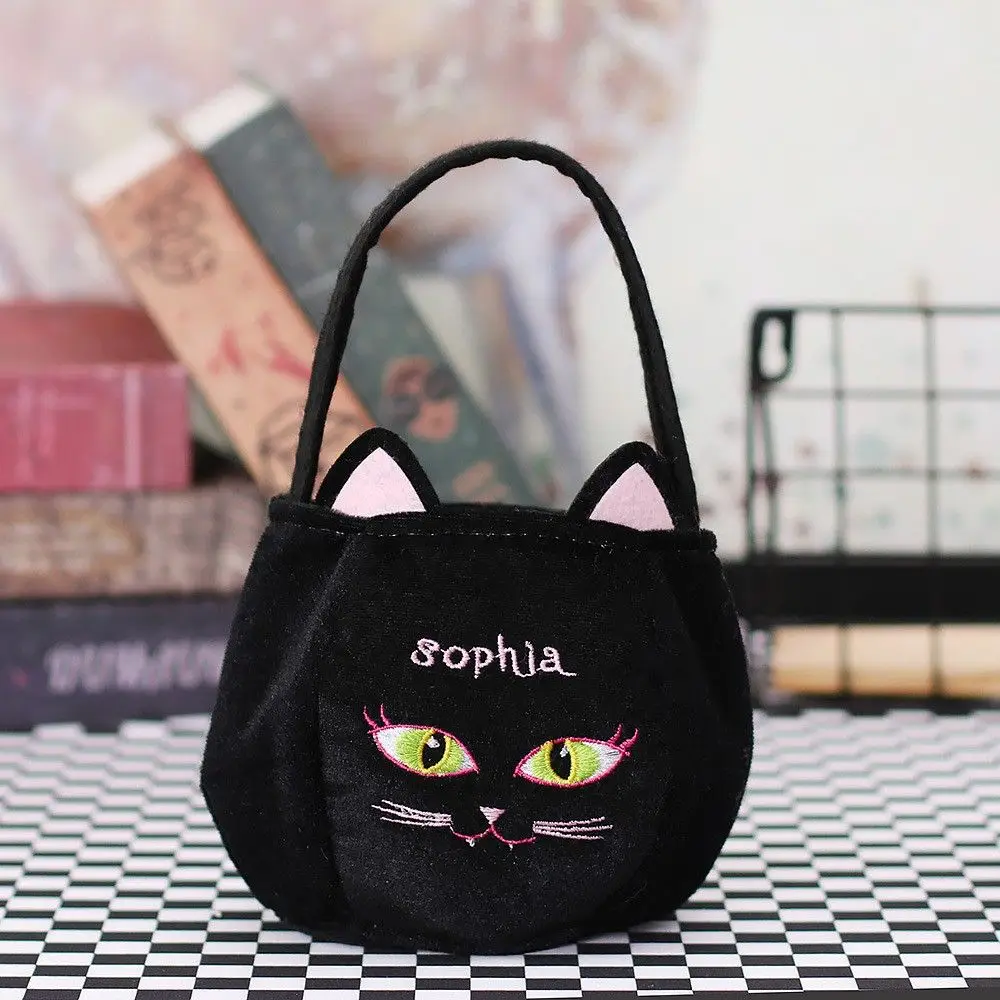 Cesta de presente de abóbora para festa feliz, bolsa de saque de gato preto, sacola de doces, bolsa de Halloween