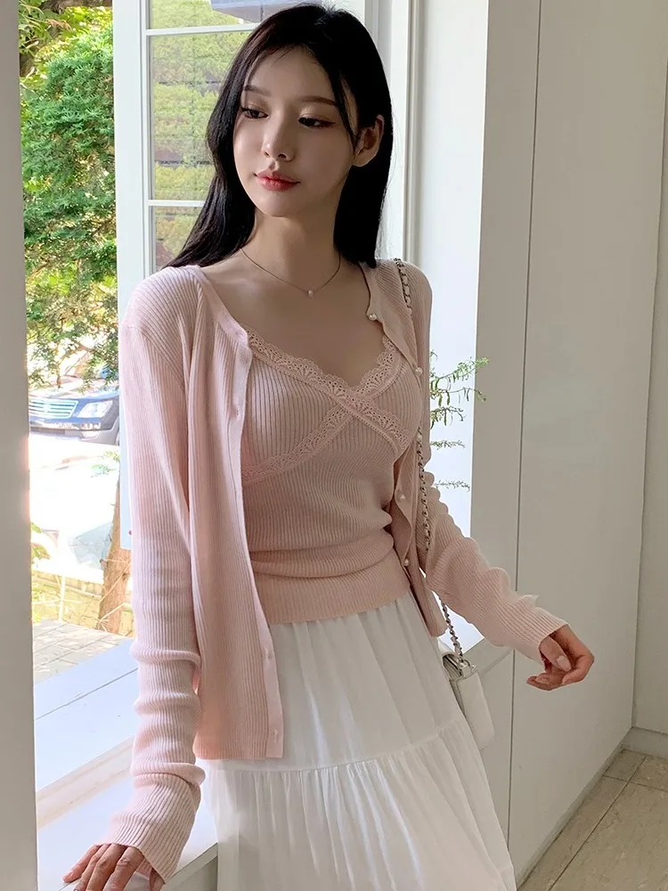 Chic Knitted ort Sweater Vest Set for Women V-Ne Open Cardigan Sle Gentle Fre Two-Piece Ensemble Autumn Faion