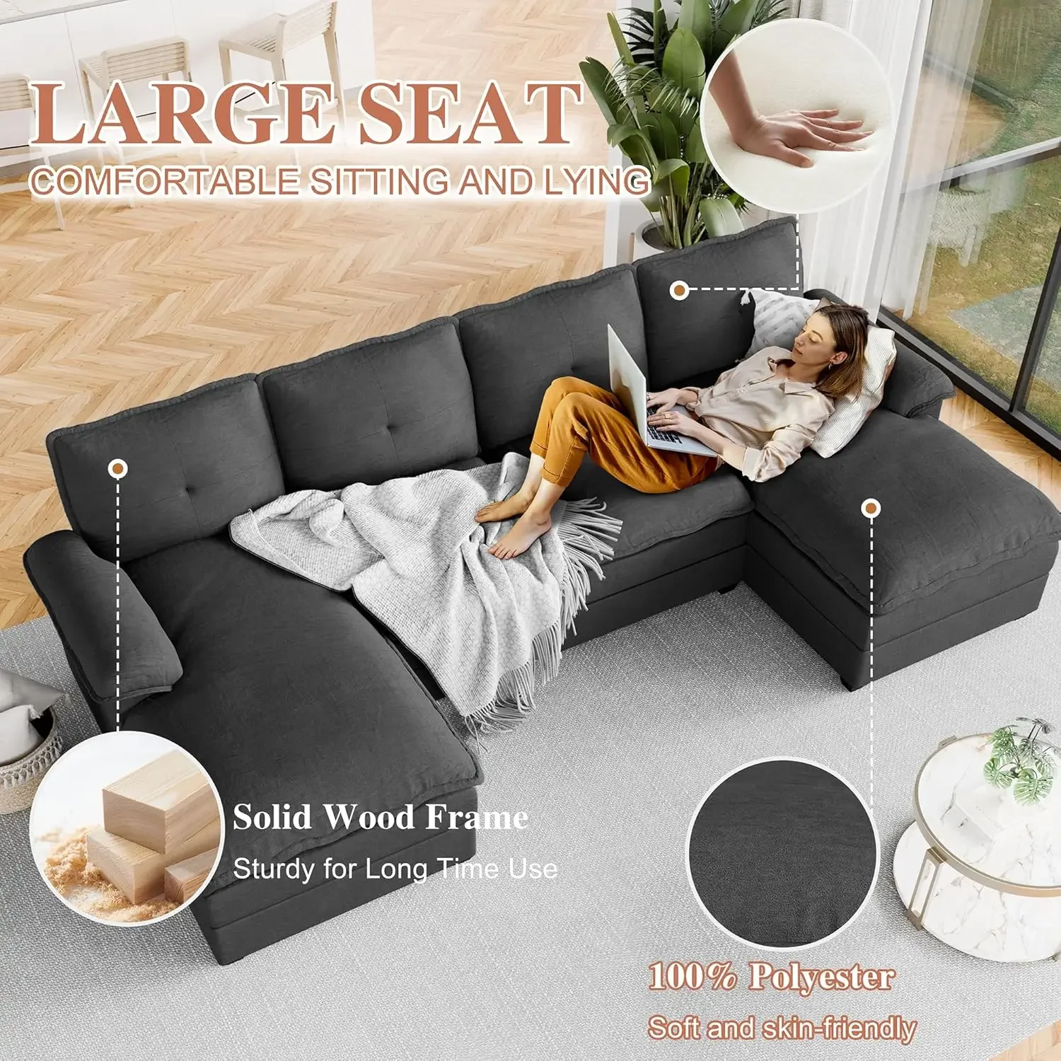 Meilocar Sofagarnitur für das Wohnzimmer, U-förmige Couch, 110 Zoll Sofagarnitur, 4-Sitzer großes Sofa mit doppelter breiter Chaiselongue und