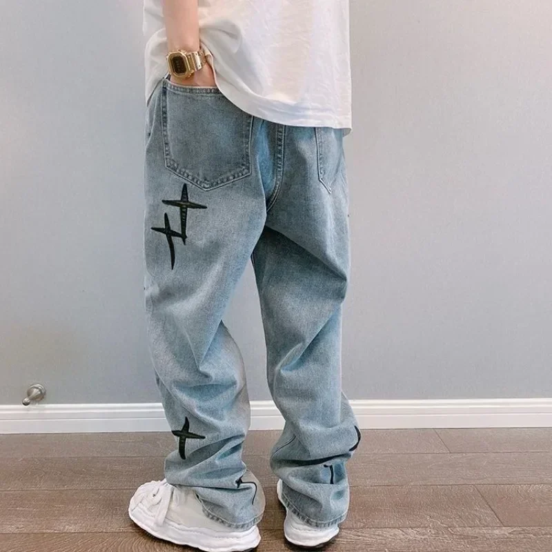 Jeans for Men Embroidery Wide Leg Male Cowboy Pants Hip Hop Trousers with Crosses Original High Quality Loose 2024 Fashion Baggy