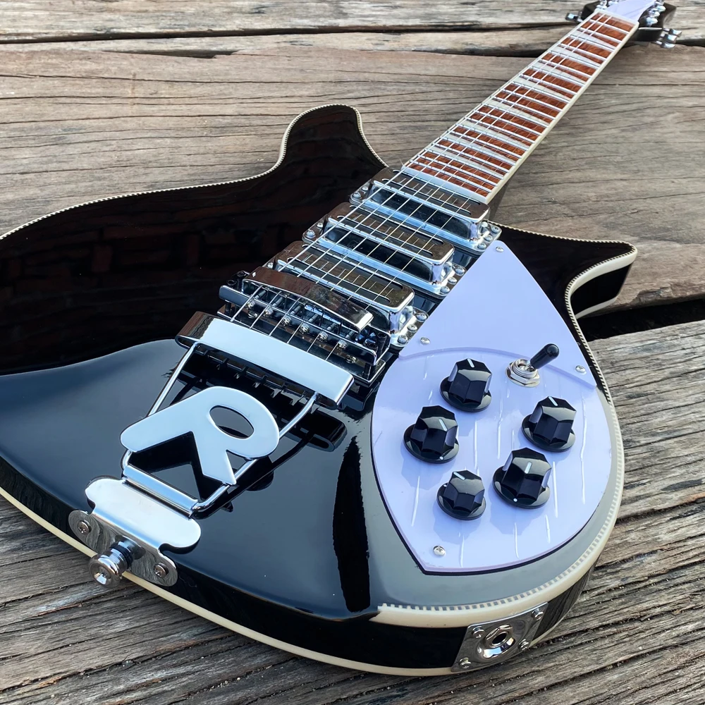 Guitarra eléctrica de 6 cuerdas 350, 21 trastes, trastes de acero inoxidable, guitarra negra, ribetes en tablero de ajedrez, protector de palanca blanco