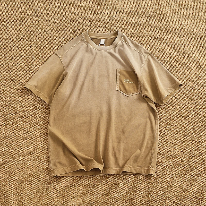 Heavy gradient color heavy industry washing and short Tee men's American retro personalized pocket cotton base T