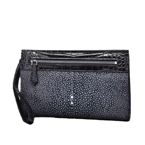 Authentic Stingray Skin Pattern Men's Patchwork Wristlets Pouch Bag Exotic Crocodile Leather Printed Male Black ZIP Clutch Purse
