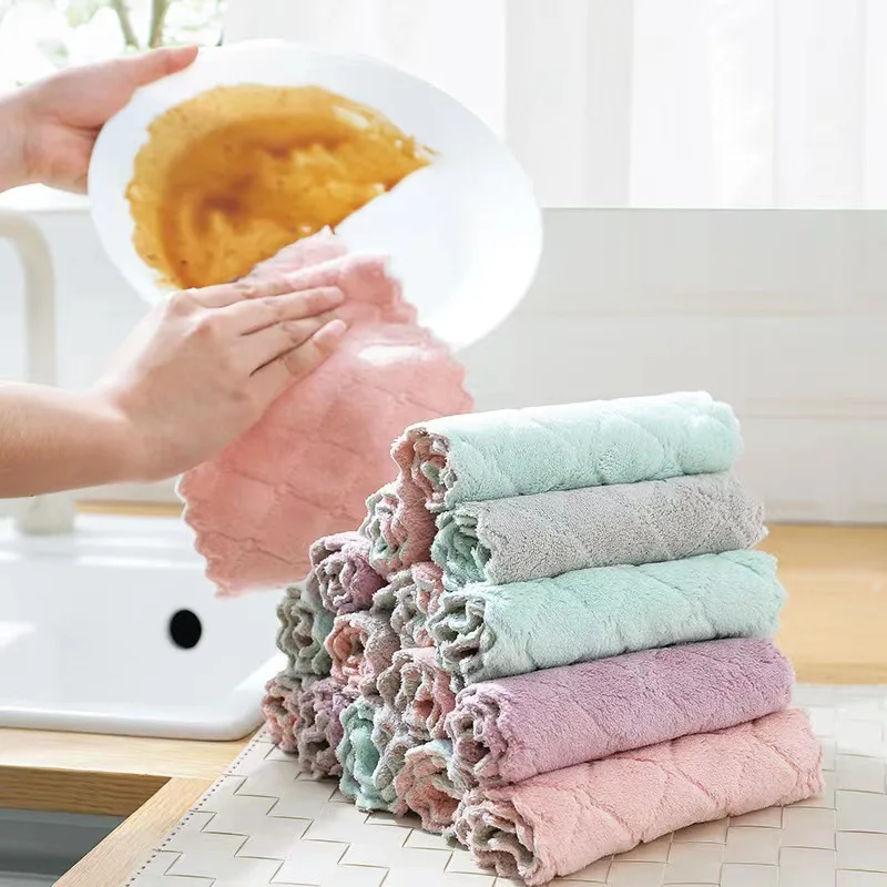 

Kitchen Cleaning Wipes Thickened Double Sided Printed Coral Flannel Wipes Kitchen Bowl Dishcloth Cleaning Tool Towel 5 Pcs