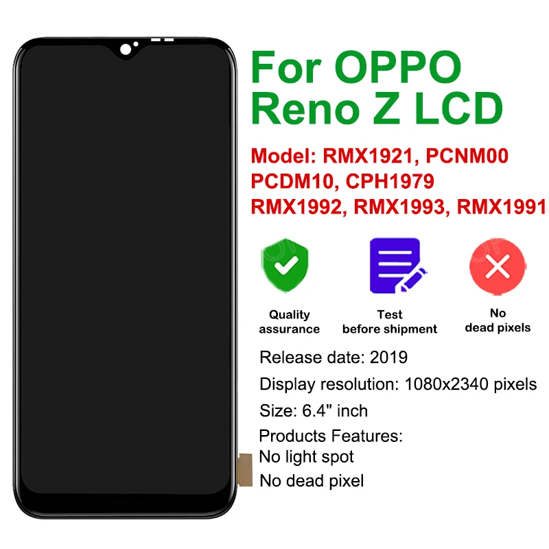 6.4'' For OPPO K5 Reno Z LCD Display Touch Screen For Realme XT X2 Digitizer Assembly Replacement Repair With Frame 100% Tested