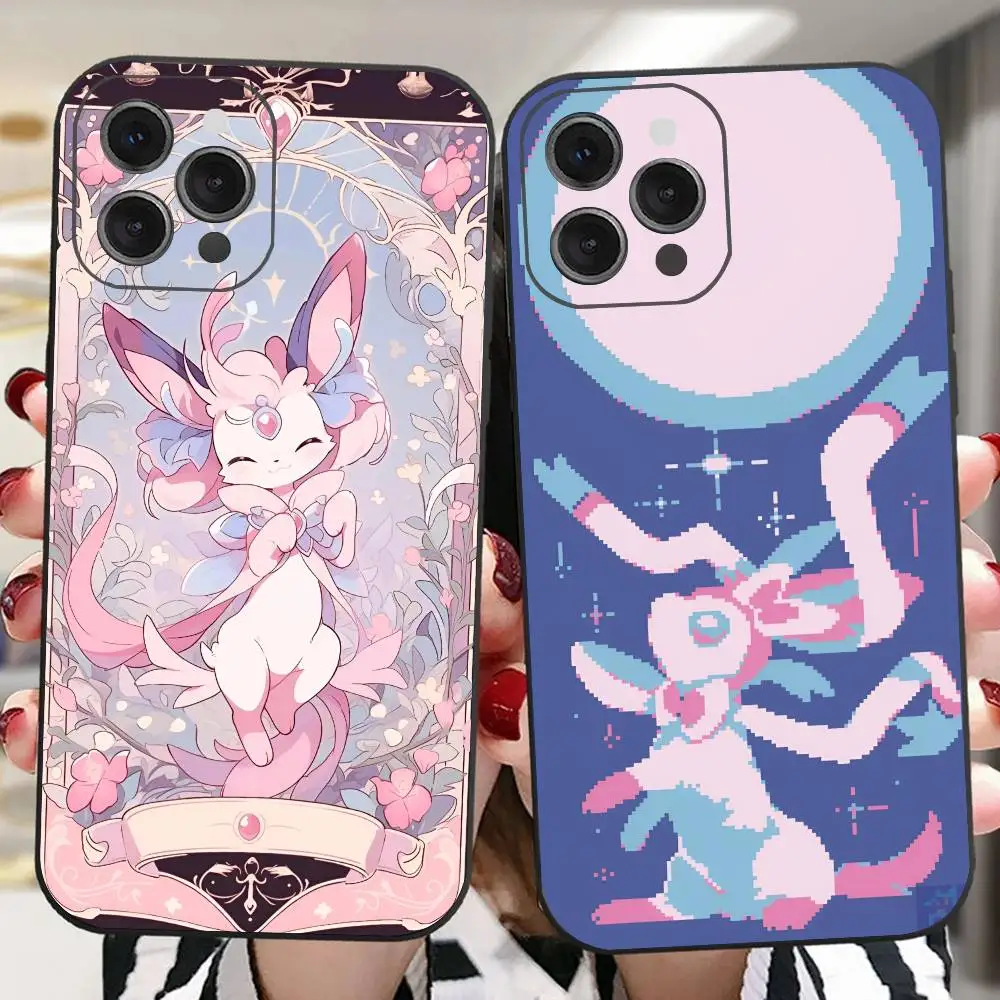 حافظة هاتف لطيفة Sylveon Pink N-ninfia لهاتف Apple iPhone 16,15,14,13,12,11,Pro,Max, Mini Wave Oil Short Black #2