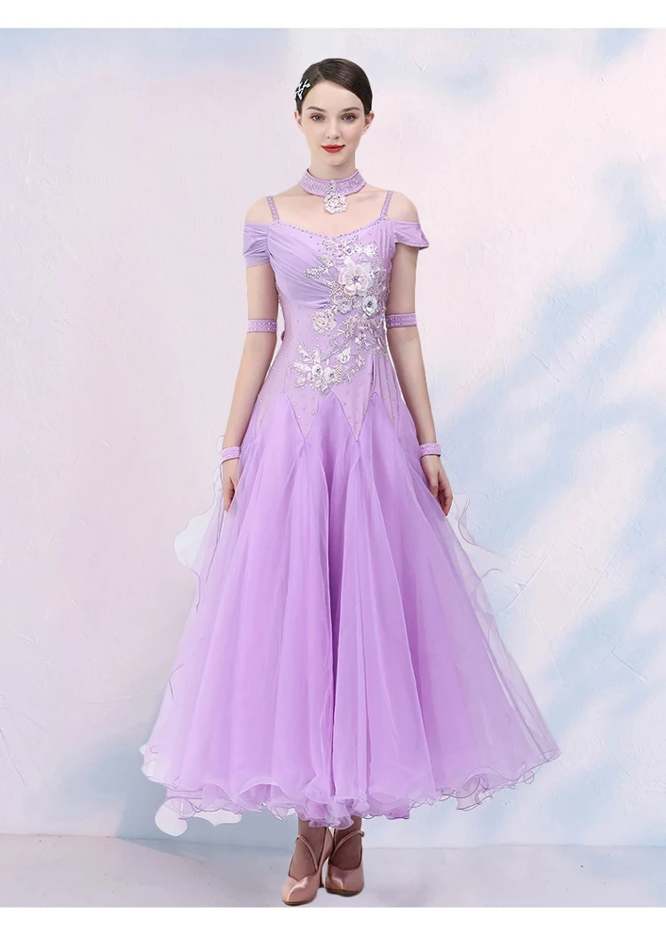 Abito da competizione standard con fionda Danza moderna Abito lungo rosso vino a maniche corte Abito da prestazione con nastro Nuovo valzer da donna