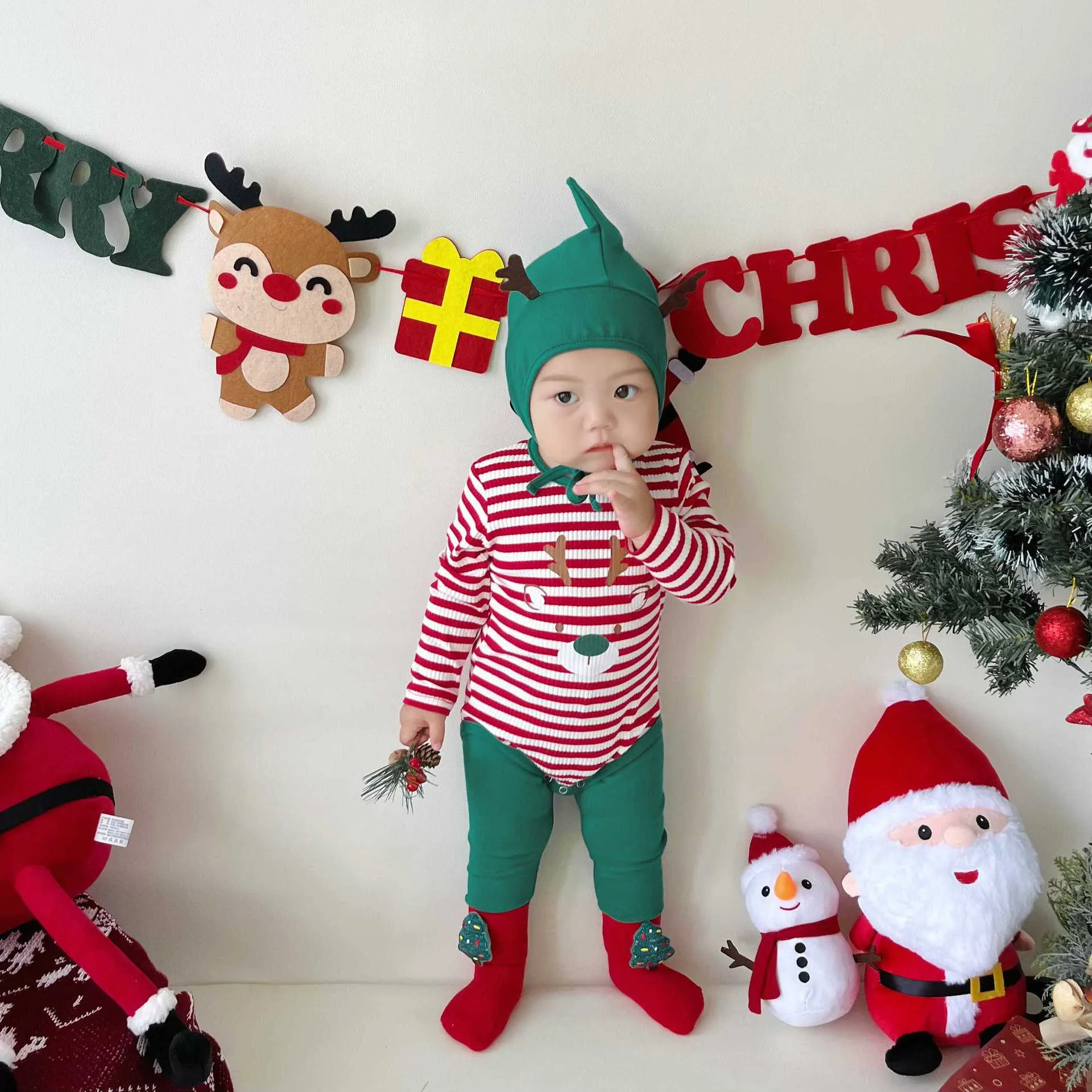 Christmas Themed Striped Hoodie Bag Fart Three Piece Set Korean Version Baby Jumpsuit Set Ins