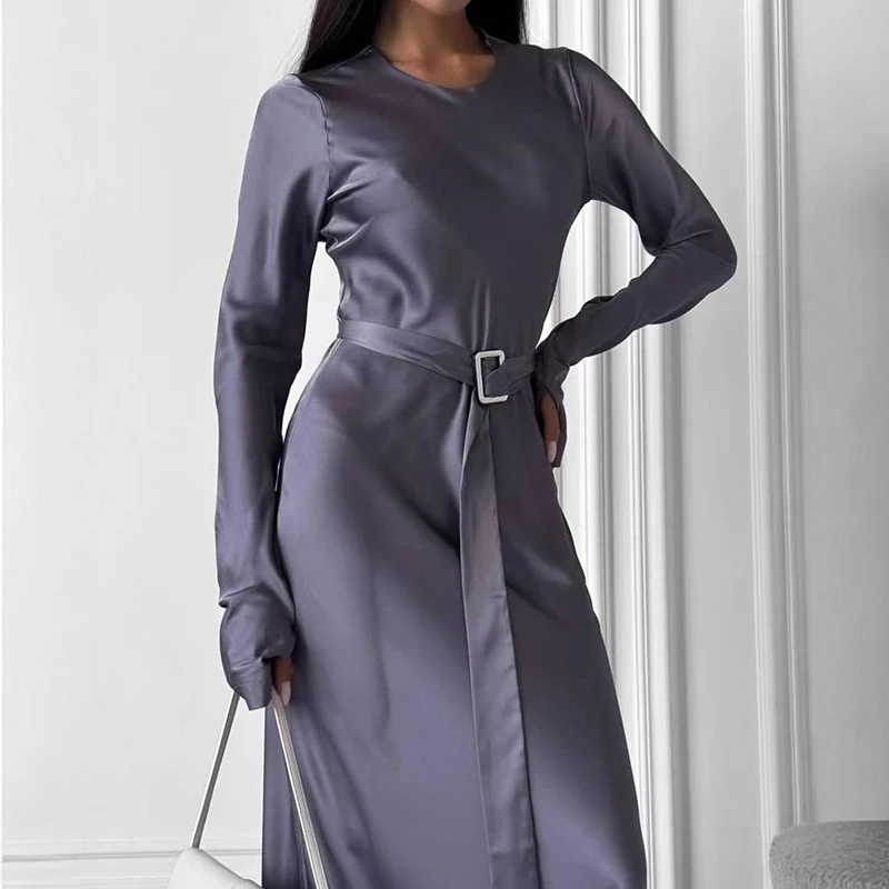 2026 nueva primavera vestido de oficina de manga larga High Street Color sólido con cordones vestido de mujer cuello redondo ajustado banquete A-line vestidos