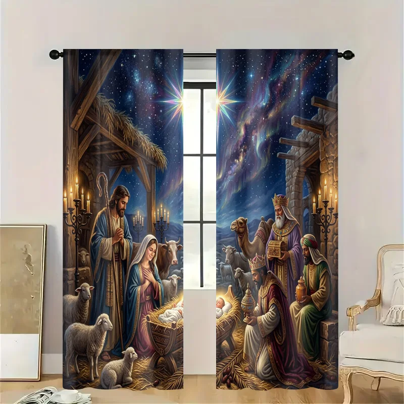 Celestial Nativity Christmas Window Curtain Starry Bethlehem Religious Nursery Room Divider Home Decor Translucent Panel