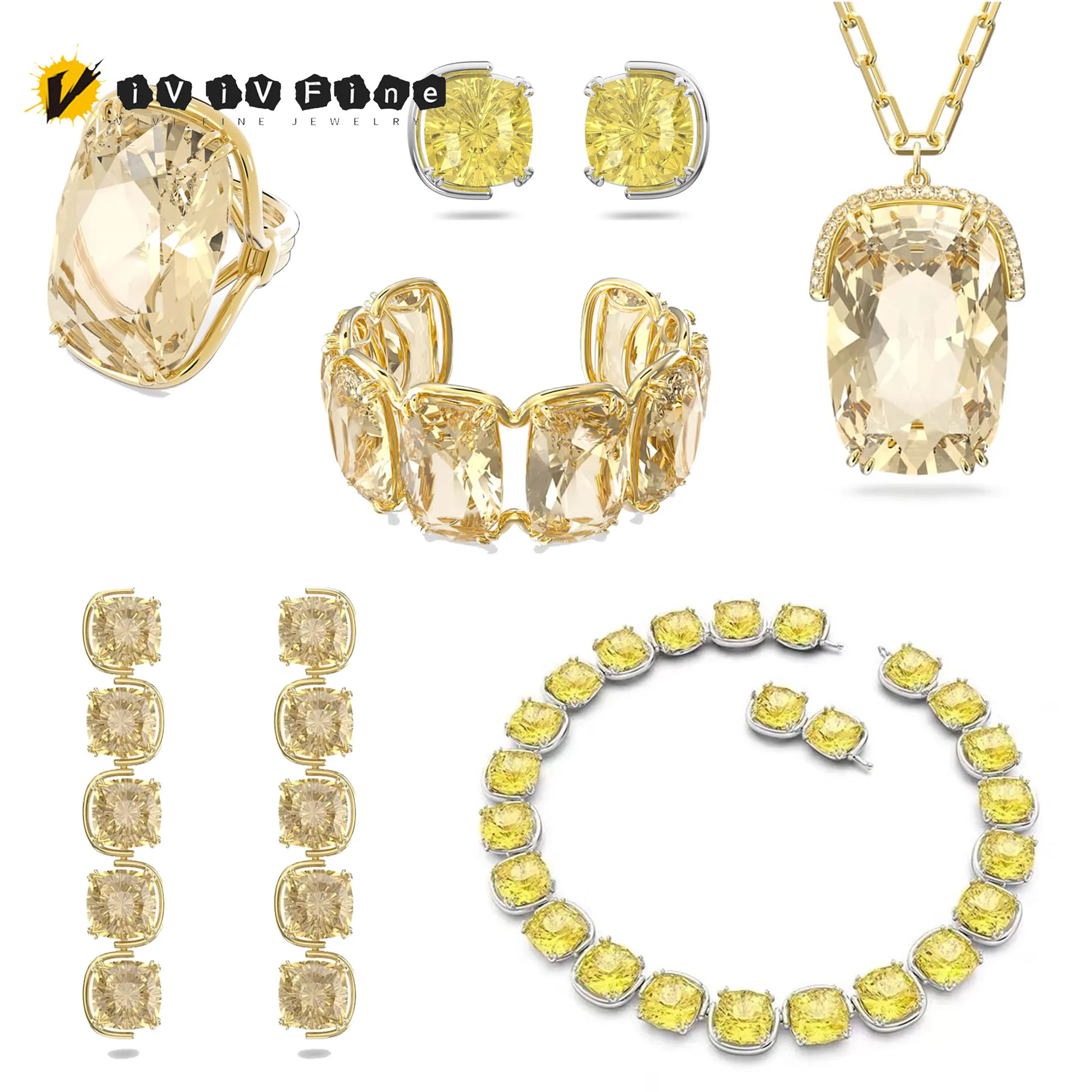 

2025 New Fashion Dazzling Color Crystal Necklace Bracelet Earrings Ring Original High Quality Jewelry Set for Women Party Gift