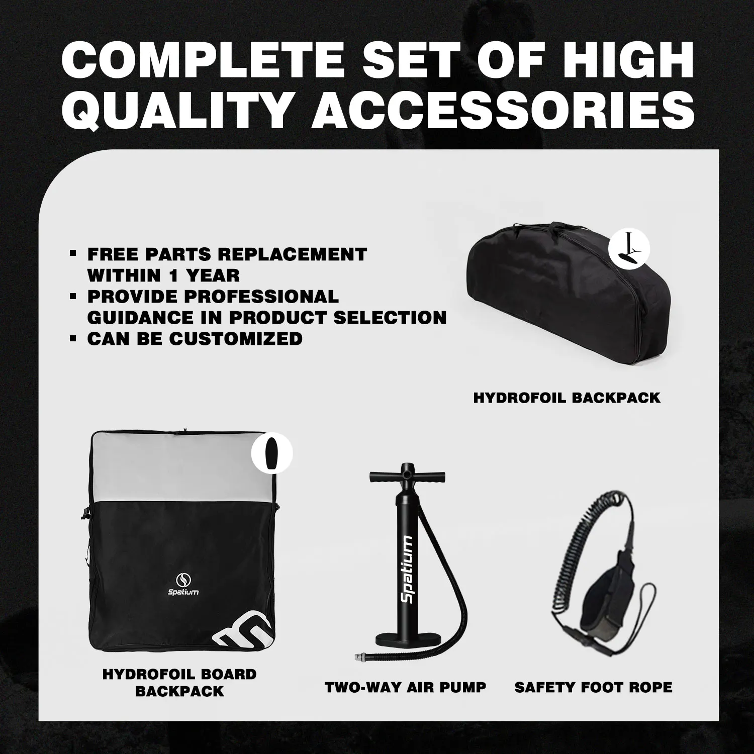 Deska hydrofoilowa Spatium do surfowania z akcesoriami hydrofoilowymi: pompka do pompowania, plecak, bezpieczna smycz, zestaw naprawczy hydrofoil szary