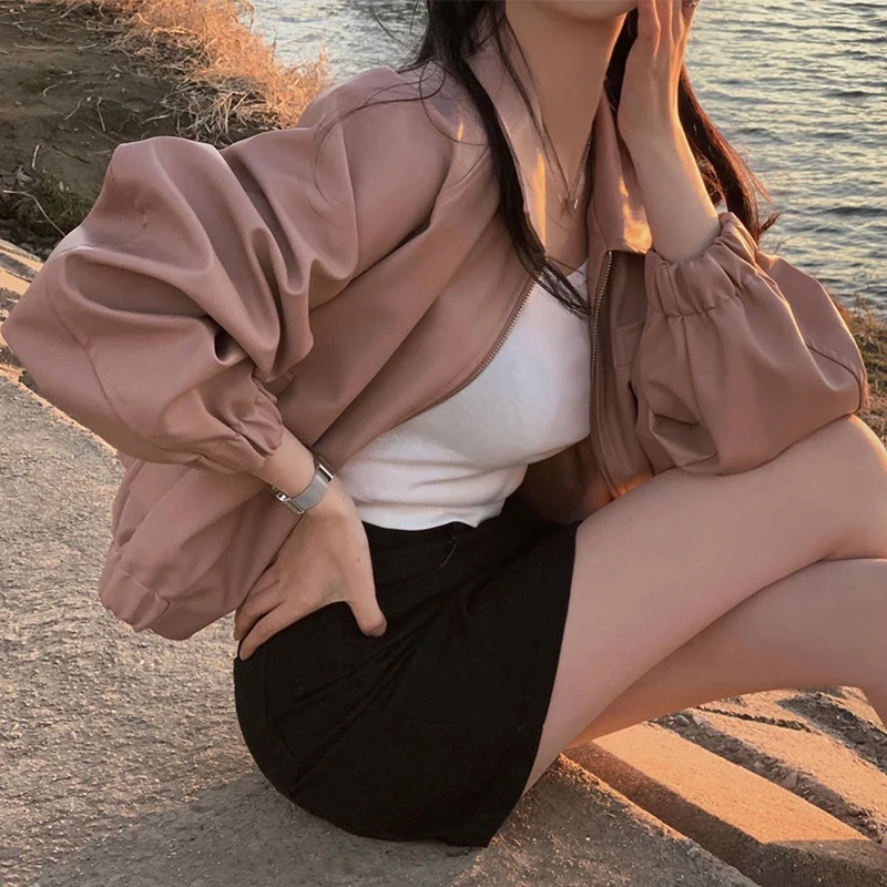 Chic Spring Casual Loose ort Svel PU Leather Jaet Women's Faionable Collared Long Sve ort Sle Outerwear