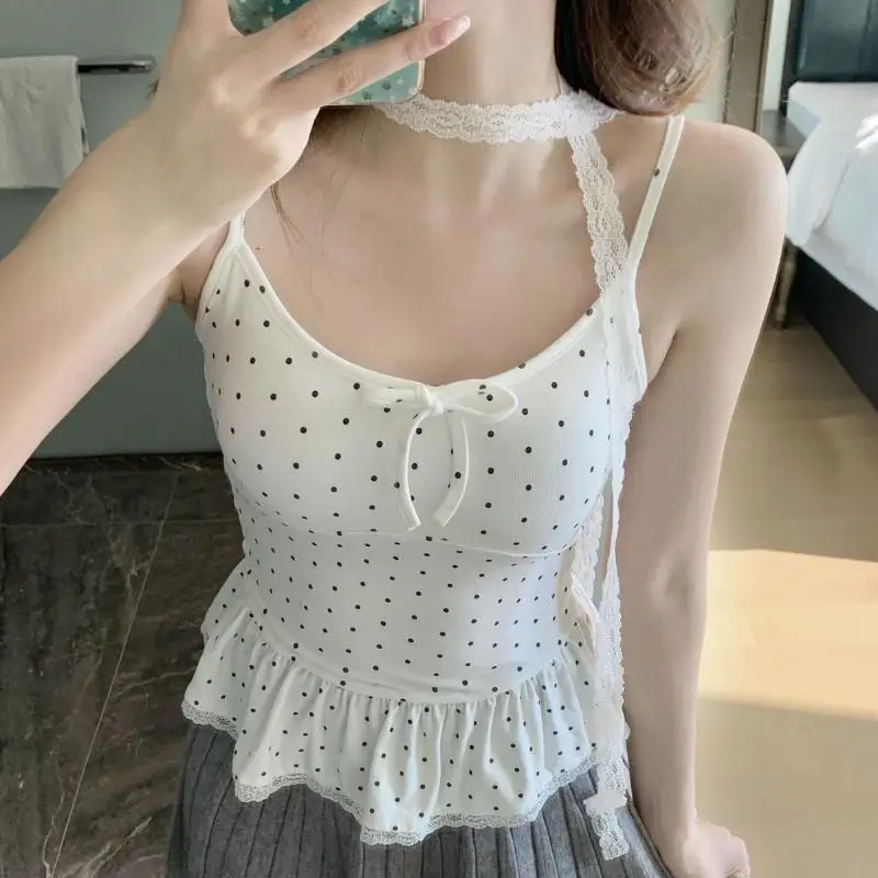 {NN72} Women Clothing Summer Fashion Casual Polka Dot Solid Color Sling Ladies Fashionable Appear Thin Slim Young Style Tops