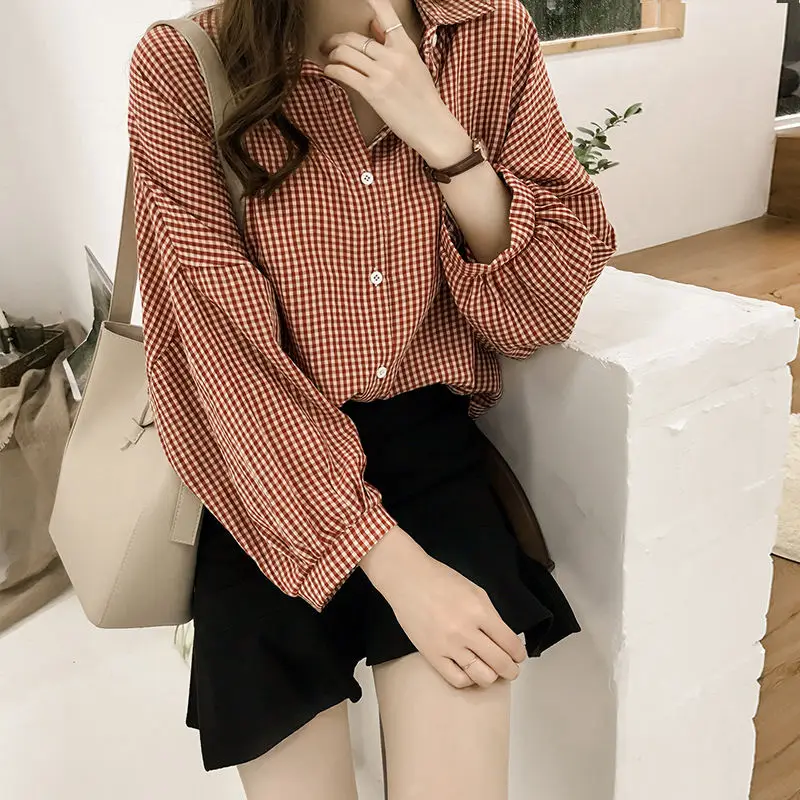 2023 Spring Autumn Women\'s Korean BF Style Oversize Streetwear Lantern Sleeve Plaid Button Up Shirt Simple All Match Blouse Top