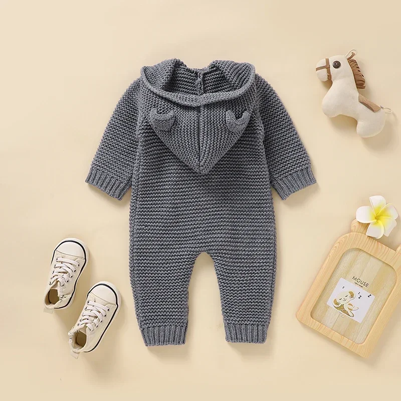 Kids Boy Girl Button Up Jumpsuits Outfits Toddler Outwear Clothes Baby Romper Long Sleeve Spring Autumn Solid Hooded Knit Infant