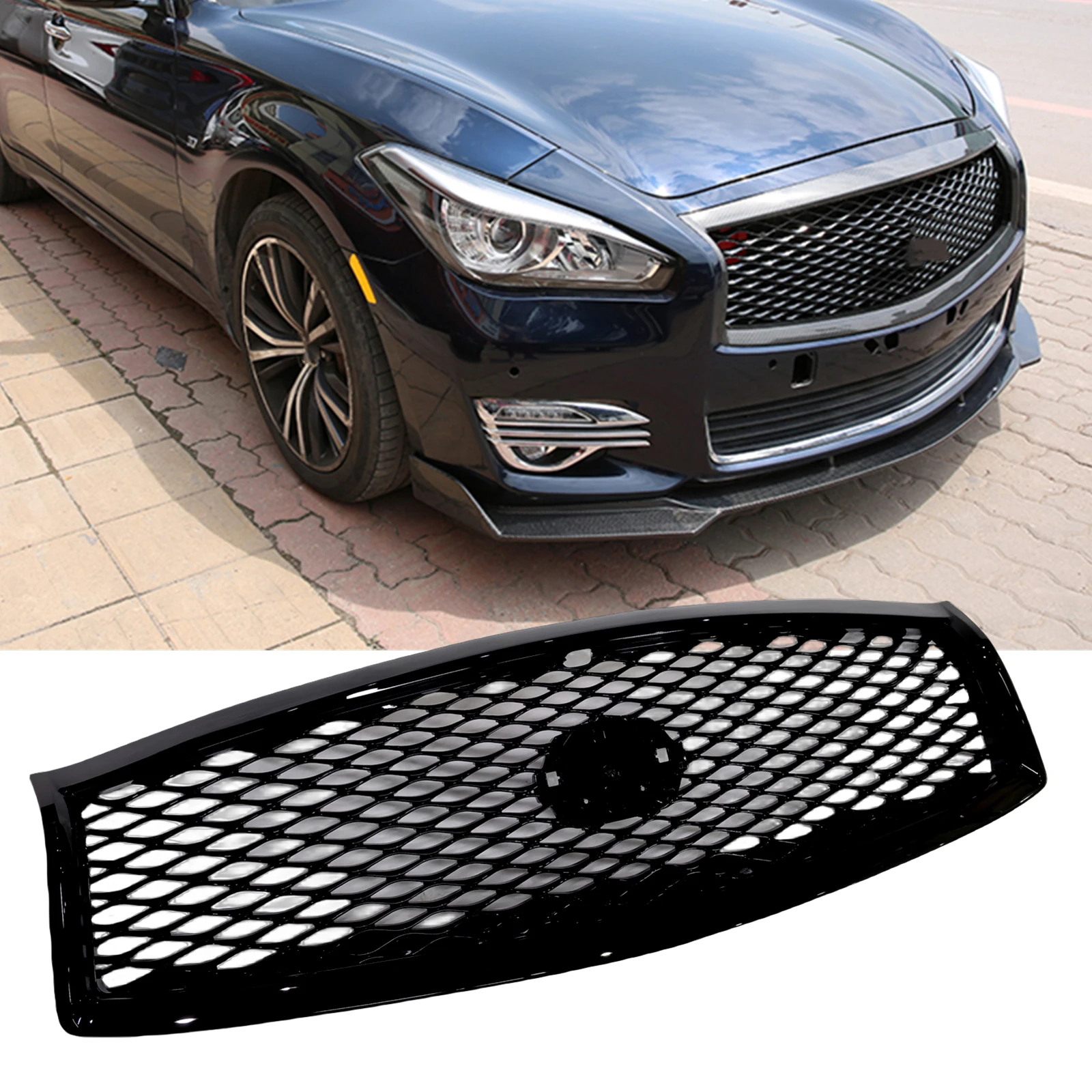 

Front Grille Racing Grill For Infiniti Q70 Q70L 2015 2016 2017 2018 2019 Honeycomb Style Black Car Upper Bumper Hood Mesh Grid