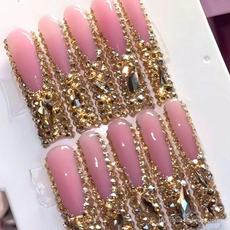 Handmade Bling Rhinestone 3XL Press On Nails Luxury Long Coffin Stiletto False Nail Tip Reusable Fake Nail Party Acrylic Nail