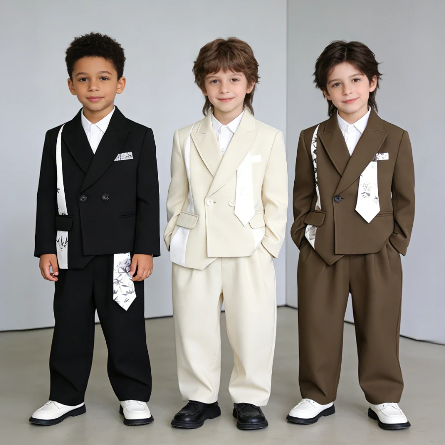 

Boys 4-Piece Chinese Style Suit Set Bamboo Print Blazer Pants Shirt Tie for Wedding Birthday Party Kids Gentleman Formal Outfit