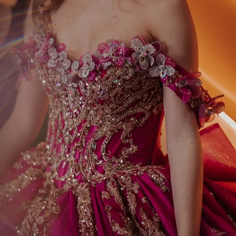 

Shiny rose pink Quinceanera Dress off-shoulder glitter decal Long tail Bow vestidos de 15 Quinceanera ﻿Customize