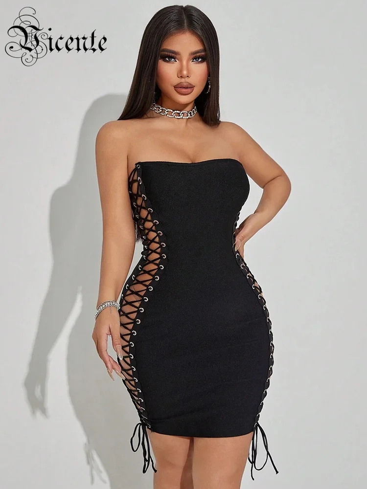 

VC Black Strapless Sexy Bandage Dress Women Sleeveless Tube Hollow Out Lace Up Party Bodycon Mini Short Dress Clubwear Vestido