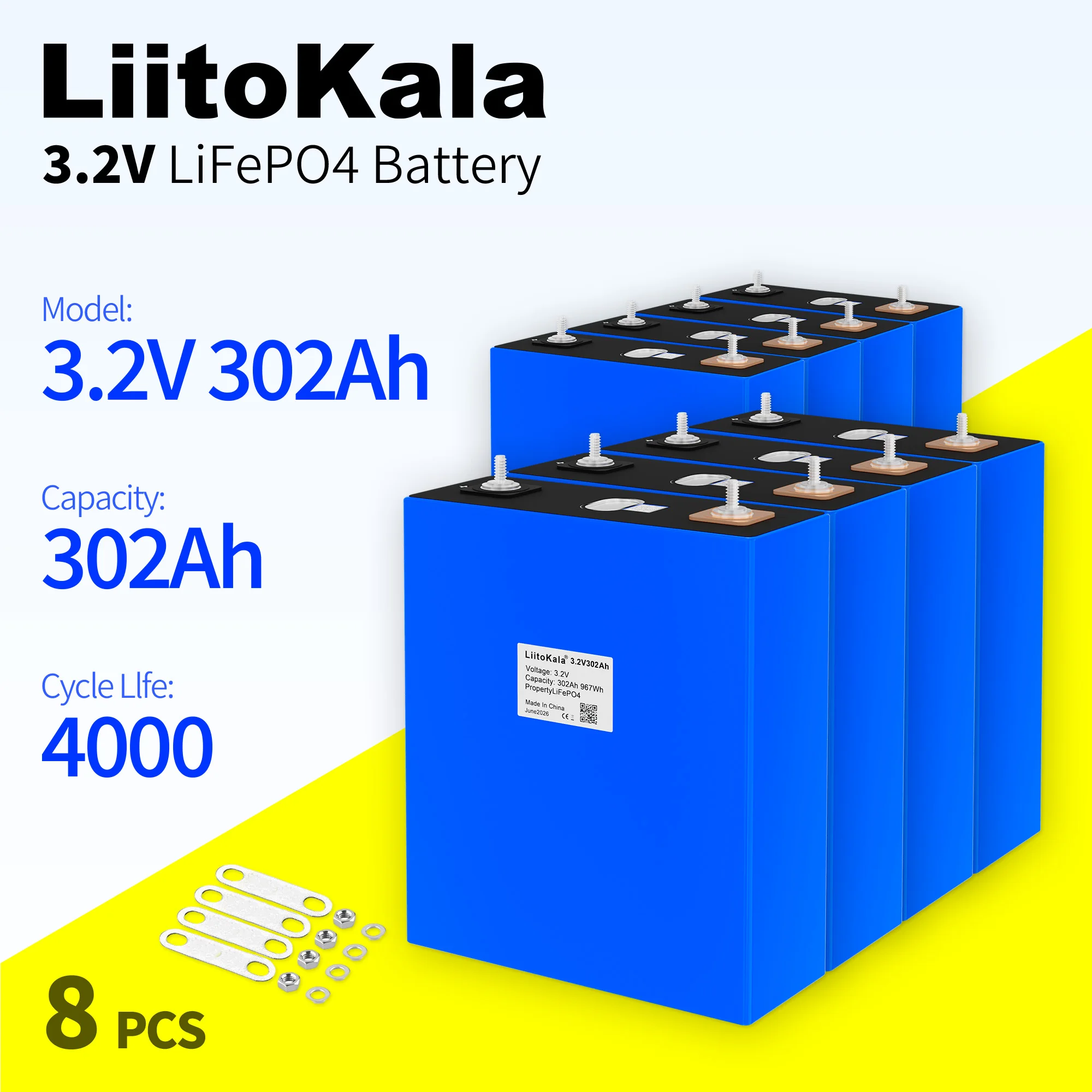 LiitoKala 8x 3.2V 302Ah 200Ah 150Ah 105Ah 100Ah 30Ah Akumulator Lifepo4, litowo-żelazowo-fosforanowy, Ogniwo słoneczne 12V 24V