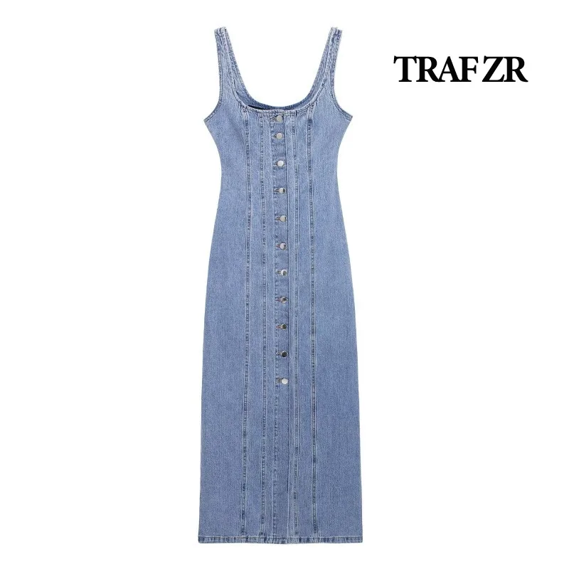 TRAF ZR Denim Dress Women\'s Summer Sundresses Beach Wear Women 2024 Robes Midi Dresses for Formal Occasions Basics Dress