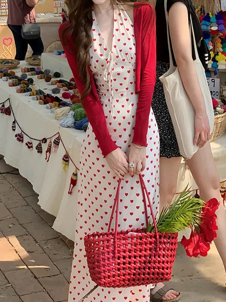 Primavera 2025 Set cardigan rosso da appendere vintage a pois V-Ne Dr Ne da donna, completo da due pezzi, abbigliamento estivo