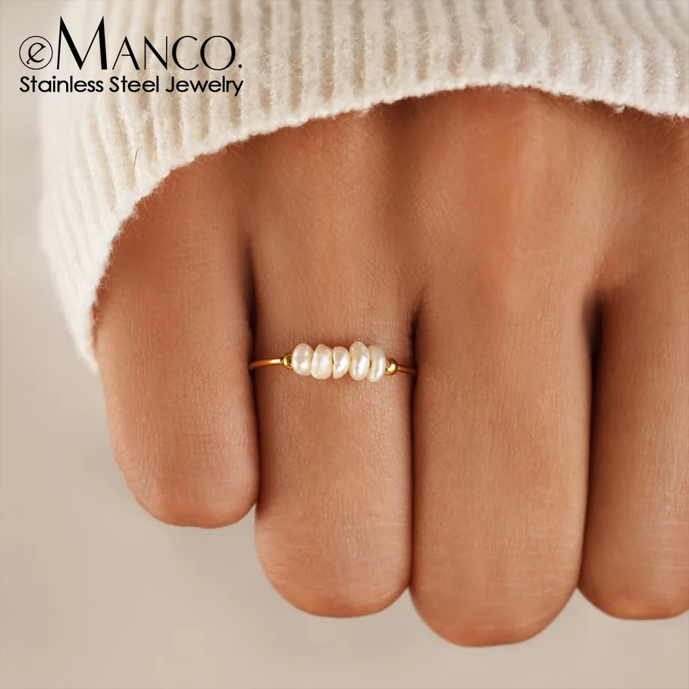 eManco Fashion Freshwater Pearls High Quality Stainless Steel Gold-Plated Round Rings Holiday Jewelry Gifts Wholesale