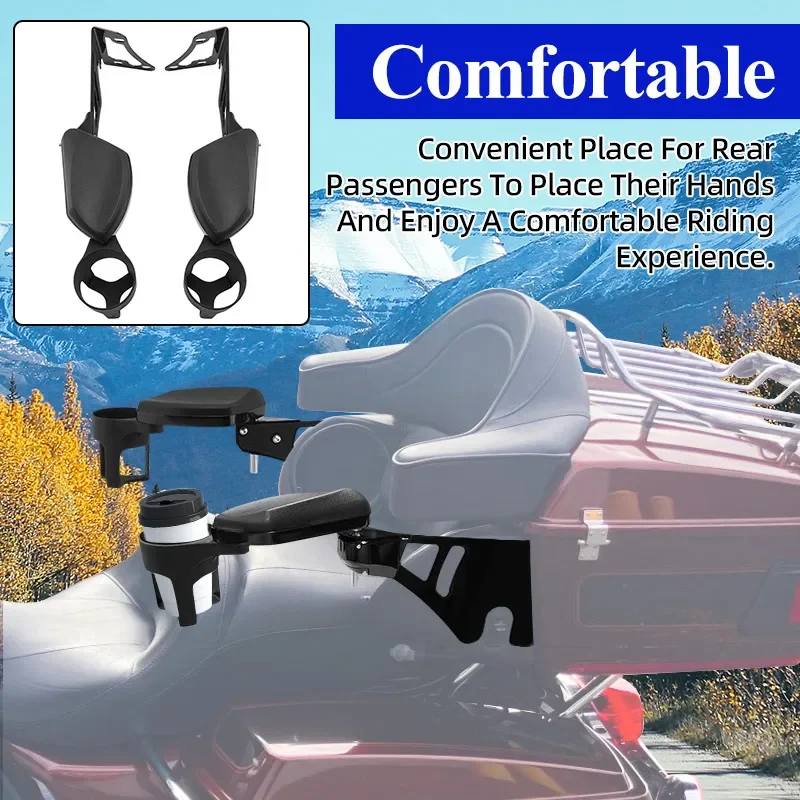 Motorcycle Accessories Rear Passenger Armrests Comfortable Drink Cup Holder For Harley Touring Tri Glide Electra Glide 1997-2013