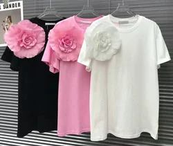 2024 Summer New In Cotton Tshirt Fashion Chic 3D Flower t-shirt a maniche corte t-shirt Casual da donna