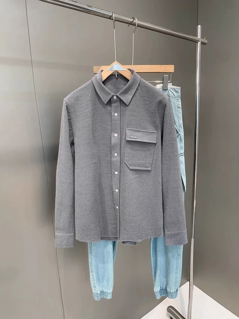 

High-End Faion Men's Workwear irt Jaet Tag Removed Sli Heavyweight Casual Loose Fit Long Sve Pure Color Button up